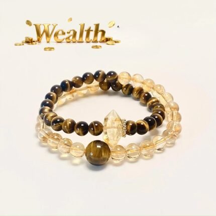 Double wrap crystal bracelet with tiger eye and citrine stones. Earth element energy for wealth attraction and spiritual protection. Natural gemstones.