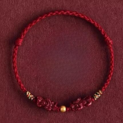 Pi-Xiu-Cinnabar-Red-String-Bracelet-wealth-protection-amulet; Authentic-Daoist-pixiu-bracelet-with-red-string-cinnabar-bead; Spiritual-protection-wealth-bracelet-Taoist-symbols;