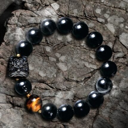 Black-Obsidian-Tiger-Eye-Lion-Bracelet-Water-Guardian; Triple-Beast-Taoist-protection-bracelet-anti-envy; Men’s-elemental-water-armor-bracelet
