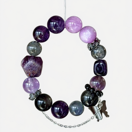 Black-purple fire element crystal bracelet: Uruguayan amethyst, kunzite, moonstone, black rutile, silver obsidian. 12-16mm chakra energy protection