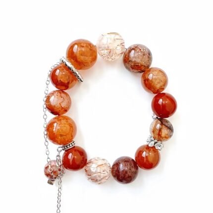 Luxury fire energy crystal bracelet with red scenic quartz, agate, rare gold healer crystals on elastic cord. Protection & positive energy
