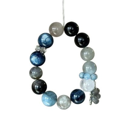 Water element crystal bracelet: Blue kyanite, raw aquamarine, gray moonstone, silver sheen obsidian, white phantom. 12-14mm energy shield