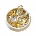 Citrine money tree feng shui wealth decor: Golden crystals, clear quartz, ingot charms. Attracts prosperity & balances metal-water elements