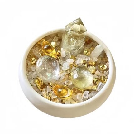 Citrine money tree feng shui wealth decor: Golden crystals, clear quartz, ingot charms. Attracts prosperity & balances metal-water elements