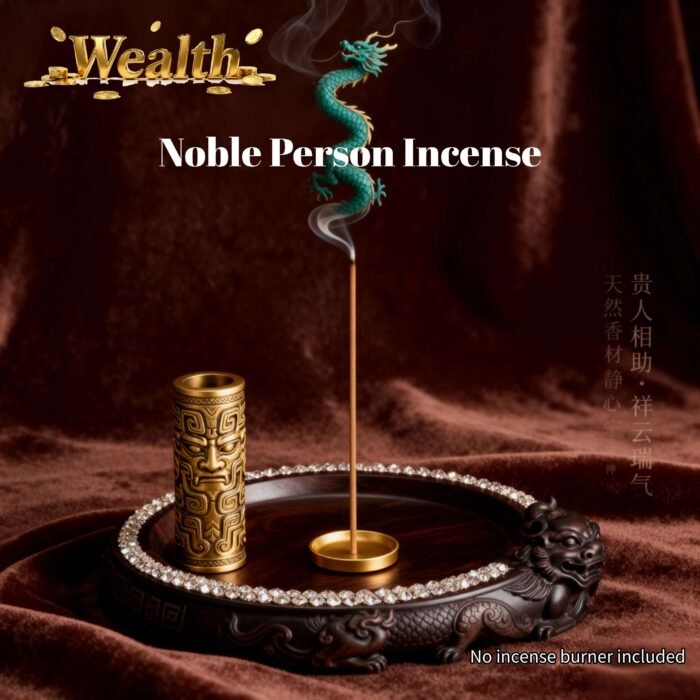 Noble Person Incense sticks burning in a ceramic holder, with ingredients like frankincense and agarwood to attract helpful people and improve karma.