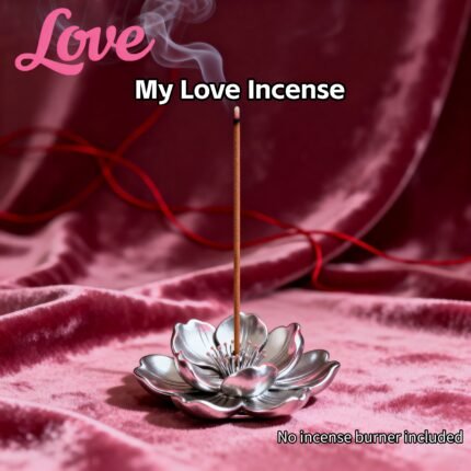 Burning Love Harmony incense stick with rose petals in a ceramic holder, for attracting love and improving relationships.