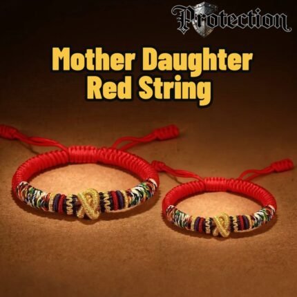 A set of two matching red string bracelets, one larger and one smaller, each with a tiny gold heart, for mother and daughter.