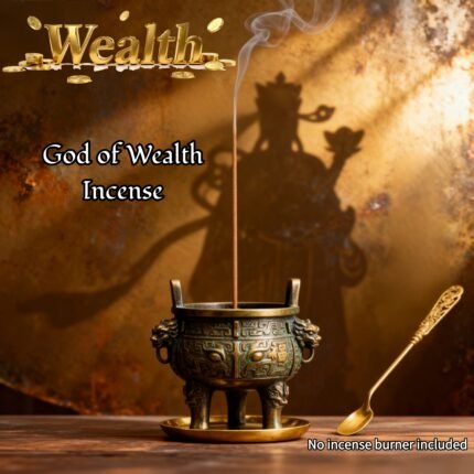 Wealth God abundance incense sticks burning in ceramic burner with feng shui coins and crystals for money attraction