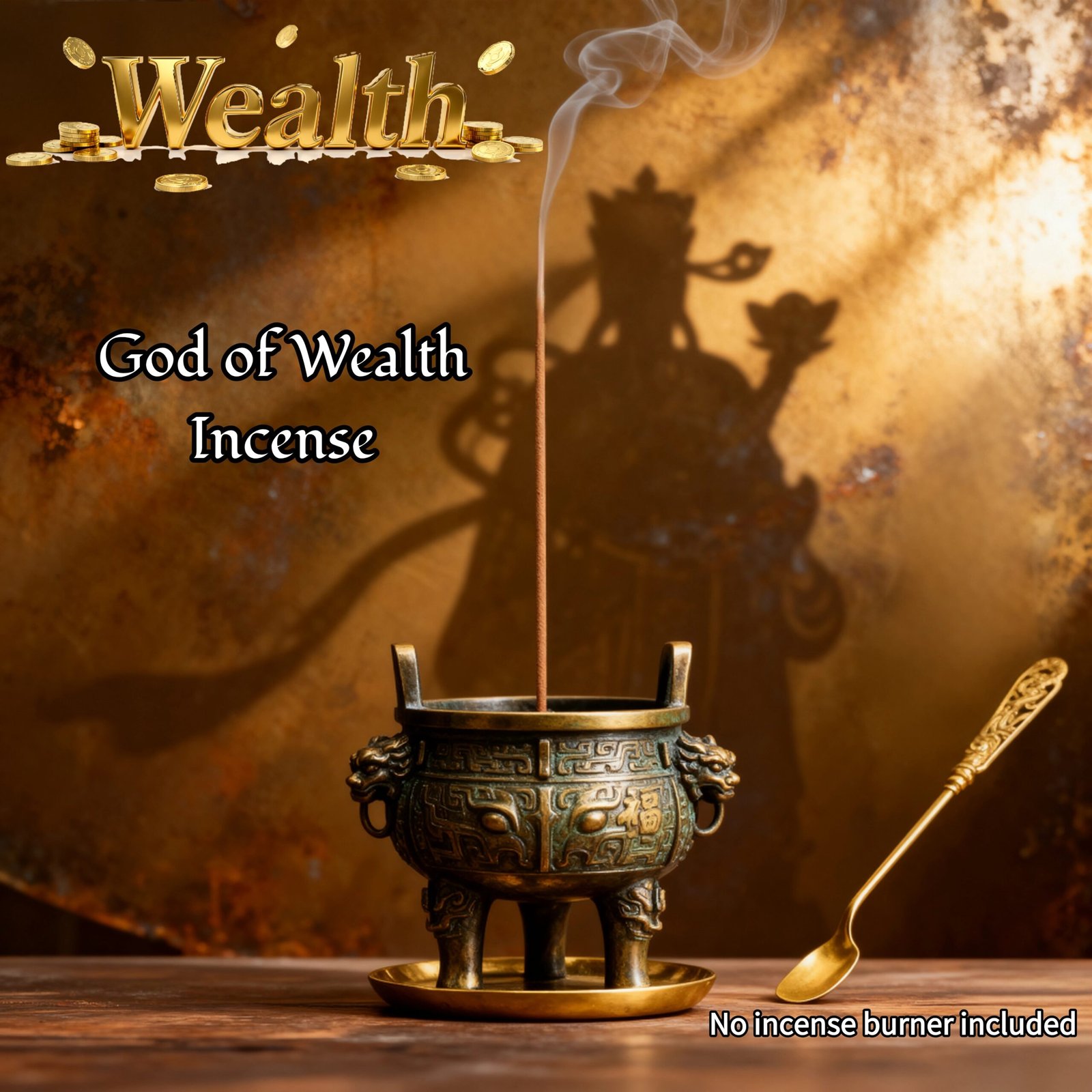 Wealth God abundance incense sticks burning in ceramic burner with feng shui coins and crystals for money attraction