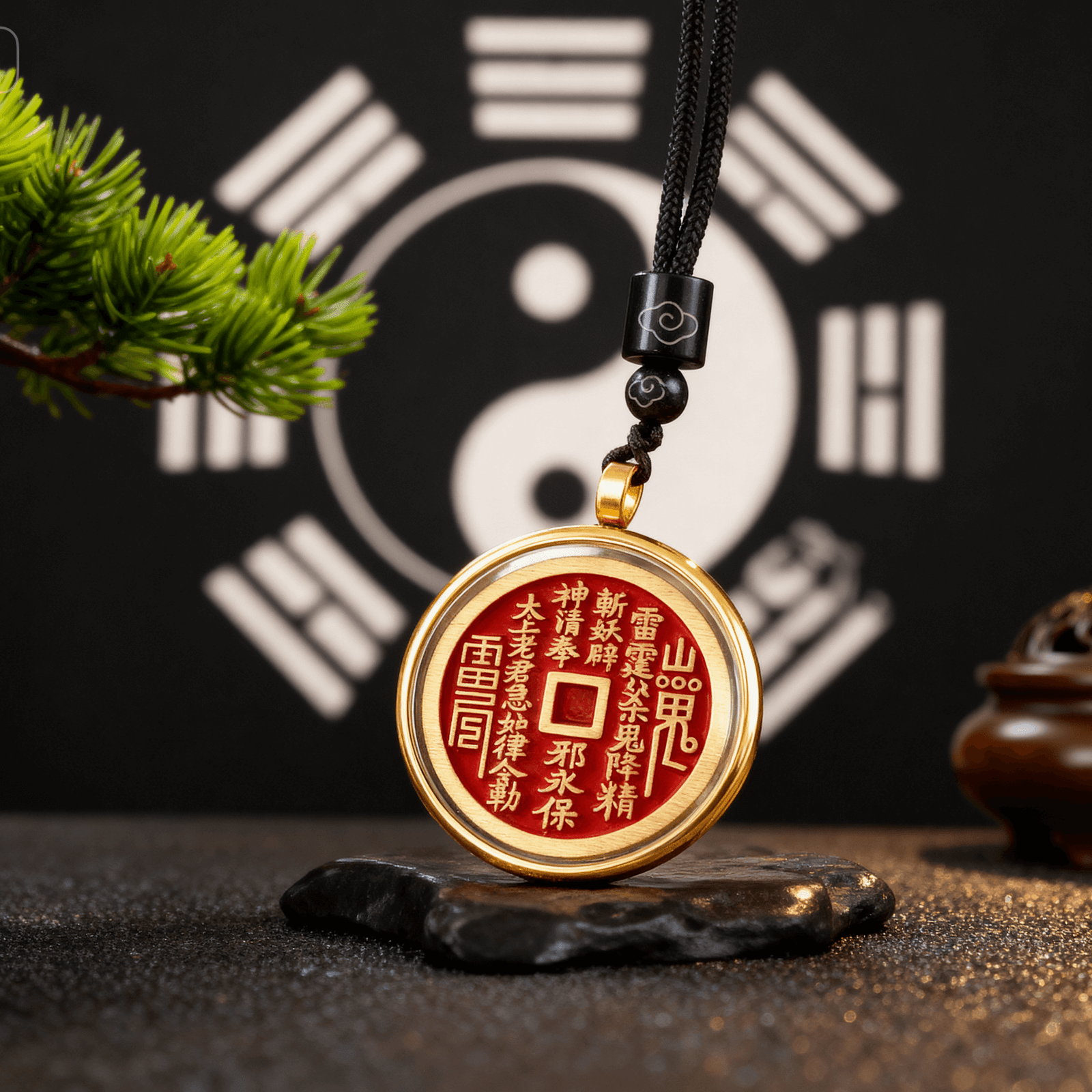 A powerful protection amulets necklace featuring the Mountain Spirit Coin, blessed by Taoist Master. These Taoist protection amulets provide spiritual safety and positive energy. Amulet protection from ghost and negative energy.