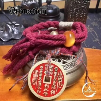 A set of protection amulets designed as a red string bracelet for the wrist. These unique protection amulets feature a detailed Mountain Spirit amulet coin for spiritual safety. Amulet of proof against detection and location, blessed by Taoist Master. Amulet protection from ghost and negative energy.